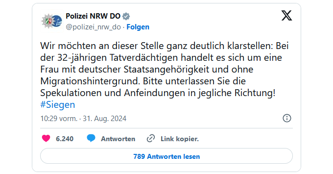 Wir möchten an dieser Stelle ganz deutlich klarstellen: Bei der 32-jährigen Tatverdächtigen handelt es sich um eine Frau mit deutscher Staatsangehörigkeit und ohne Migrationshintergrund. Bitte unterlassen Sie die Spekulationen und Anfeindungen in jegliche Richtung!